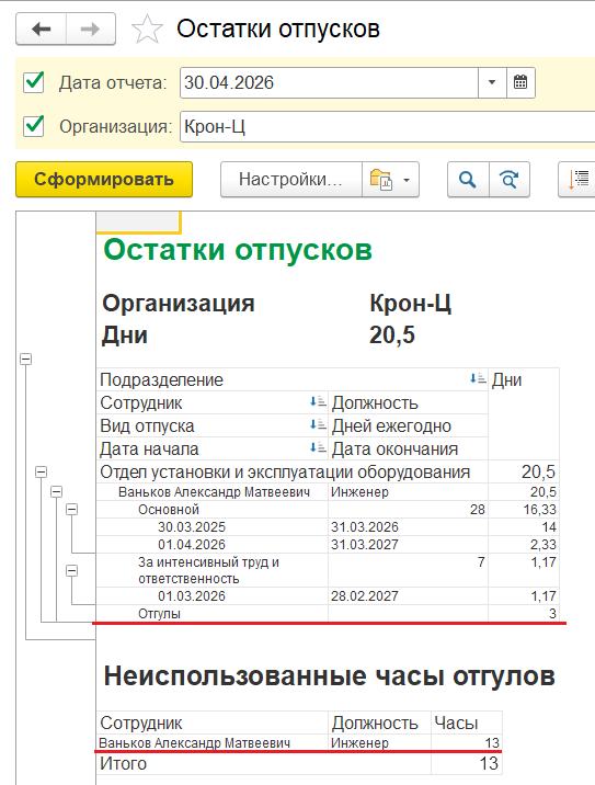 Рис.6 Пример Отчета Остатки отпусков.